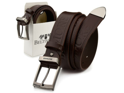 Elegancki, brązowy, skórzany pasek męski do spodni z metalową klamrą klasyczną 110 cm