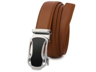 Brązowy skórzany pasek męski do spodni z klamrą automatyczną w nowoczesnym kształcie 110 cm - obrazek 7