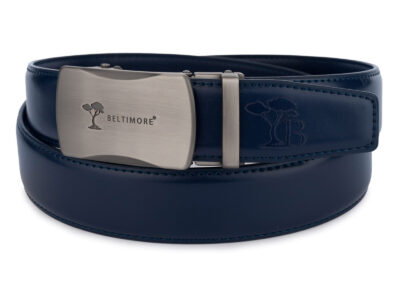 Skórzany pasek męski do spodni granatowy ze srebrną klamrą automatyczną 110 cm - obrazek 5