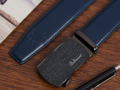 Skórzany, granatowy pasek męski do spodni z czarną klamrą automatyczną 110 cm - obrazek 2