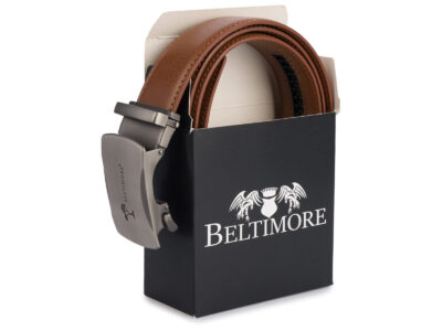 Skórzany pasek męski do spodni brązowy ze srebrną klamrą automatyczną 110 cm - obrazek 7