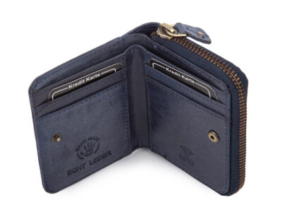 Granatowy mały portfel damski skórzany z kwiatowym wzorem szyty ręcznie RFID - obrazek 5