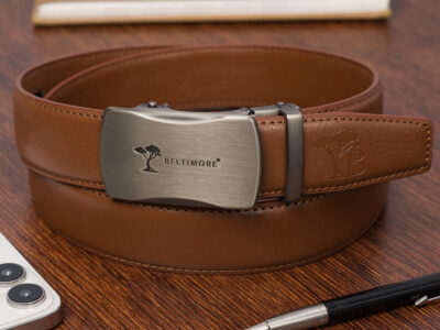 Skórzany pasek męski do spodni brązowy ze srebrną klamrą automatyczną 110 cm - obrazek 3