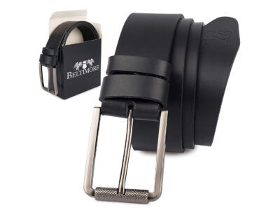 Elegancki, czarny pasek męski do spodni z licowej skóry naturalnej z klamrą klasyczną 110 cm - obrazek 1