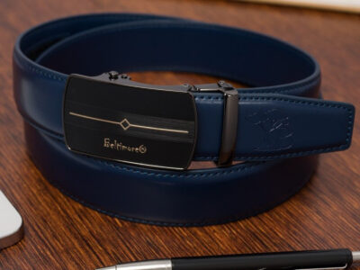 Elegancki, granatowy pasek męski skórzany z klamrą automatyczną Beltimore 110 cm - obrazek 3