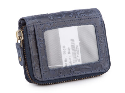 Granatowy mały portfel damski skórzany z kwiatowym wzorem szyty ręcznie RFID - obrazek 2