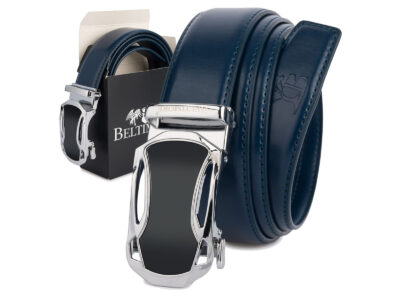 Granatowy skórzany pasek męski do spodni z klamrą automatyczną w nowoczesnym kształcie 110 cm