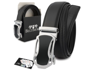 Czarny skórzany pasek męski do spodni z klamrą automatyczną w nowoczesnym kształcie 110 cm - obrazek 1