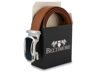 Brązowy skórzany pasek męski do spodni z klamrą automatyczną w nowoczesnym kształcie 110 cm - obrazek 6