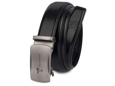 Skórzany pasek męski do spodni czarny ze srebrną klamrą automatyczną 110 cm - obrazek 8