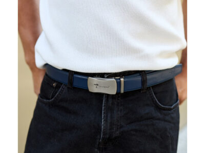 Skórzany pasek męski do spodni granatowy ze srebrną klamrą automatyczną 110 cm - obrazek 4