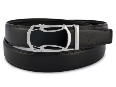 Czarny skórzany pasek męski do spodni z klamrą automatyczną w nowoczesnym kształcie 110 cm - obrazek 5