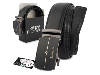 Elegancki, czarny pasek męski skórzany z klamrą automatyczną Beltimore 110 cm