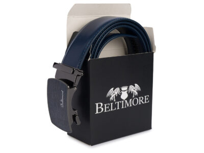 Skórzany, granatowy pasek męski do spodni z czarną klamrą automatyczną 110 cm - obrazek 5