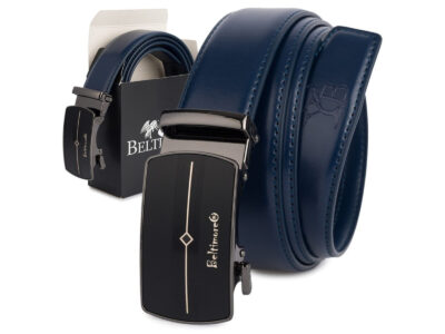 Elegancki, granatowy pasek męski skórzany z klamrą automatyczną Beltimore 110 cm