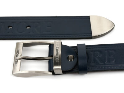 Elegancki, granatowy, skórzany pasek męski do spodni z metalową klamrą klasyczną 110 cm - obrazek 4