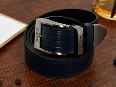 Elegancki, granatowy, skórzany pasek męski do spodni z metalową klamrą klasyczną 110 cm - obrazek 2