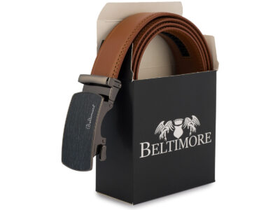 Skórzany, brązowy pasek męski do spodni z czarną klamrą automatyczną 110 cm - obrazek 6