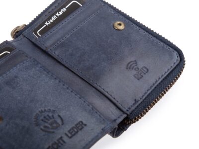 Granatowy mały portfel damski skórzany z kwiatowym wzorem szyty ręcznie RFID - obrazek 4