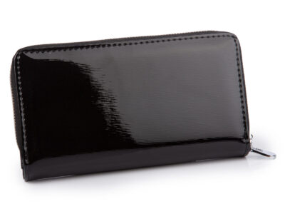 Duży, poziomy portfel damski w kolorze czarnym lakierowana tafla w linie - obrazek 2