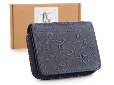 Granatowy mały portfel damski skórzany z kwiatowym wzorem szyty ręcznie RFID - obrazek 1