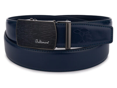 Skórzany, granatowy pasek męski do spodni z czarną klamrą automatyczną 110 cm - obrazek 4