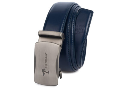 Skórzany pasek męski do spodni granatowy ze srebrną klamrą automatyczną 110 cm - obrazek 8