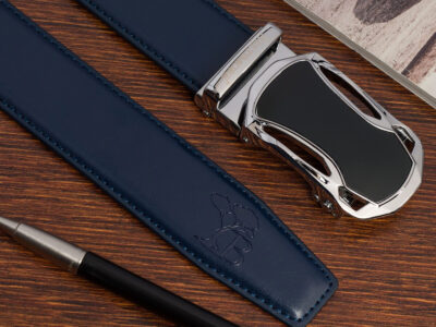 Granatowy skórzany pasek męski do spodni z klamrą automatyczną w nowoczesnym kształcie 110 cm - obrazek 2