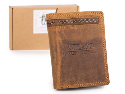 Pionowy, skórzany portfel męski w kolorze brązowym w stylu vintage