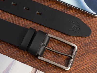 Elegancki, czarny pasek męski do spodni z licowej skóry naturalnej z klamrą klasyczną 110 cm - obrazek 2