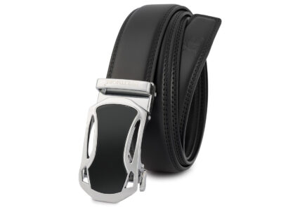 Czarny skórzany pasek męski do spodni z klamrą automatyczną w nowoczesnym kształcie 110 cm - obrazek 3