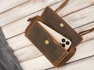 Brązowa skórzana mini torebka damska portfel na pieniądze i telefon Paolo Peruzzi - obrazek 5