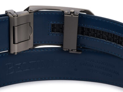 Skórzany pasek męski do spodni granatowy ze srebrną klamrą automatyczną 110 cm - obrazek 6