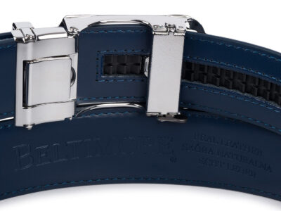 Granatowy skórzany pasek męski do spodni z klamrą automatyczną w nowoczesnym kształcie 110 cm - obrazek 5