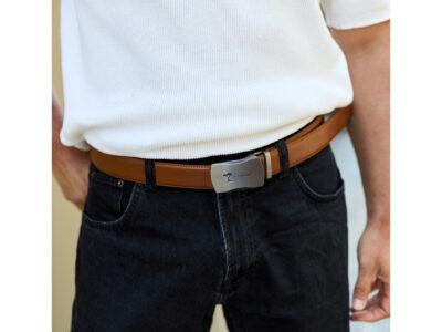 Skórzany pasek męski do spodni brązowy ze srebrną klamrą automatyczną 110 cm - obrazek 4