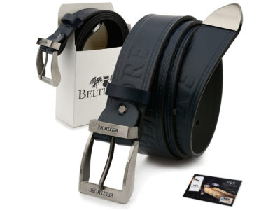 Elegancki, granatowy, skórzany pasek męski do spodni z metalową klamrą klasyczną 110 cm