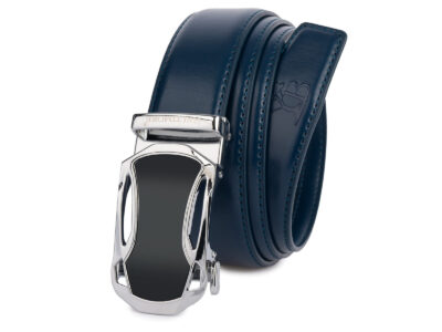 Granatowy skórzany pasek męski do spodni z klamrą automatyczną w nowoczesnym kształcie 110 cm - obrazek 7