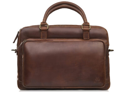 Duża elegancka teczka męska skórzana w kolorze brązowym z paskiem na ramię A4 - obrazek 1