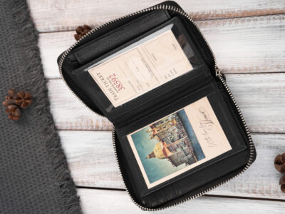 Pionowy, czarny portfel męski zapinany na zamek błyskawiczny, z canvasu i skóry - obrazek 5