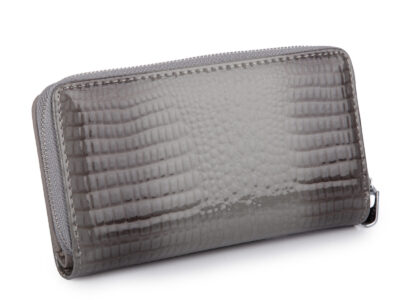 Pojemny skórzany damski portfel lakierowany z paskiem szary Jennifer Jones - obrazek 2