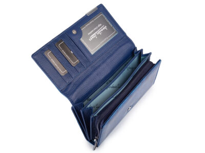 Duży portfel damski lakierowany w motylki, niebieski, skórzany z RFID - obrazek 7