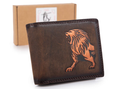 Poziomy, brązowy portfel męski z grubej skóry naturalnej vintage z lwem RFID