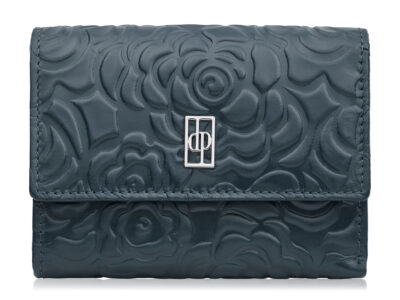 Granatowy, średni portfel damski skórzany z wzorem w tłoczone kwiaty RFID