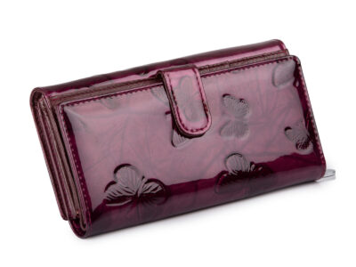 Duży portfel damski lakierowany w motylki, fioletowy, skórzany z RFID - obrazek 6