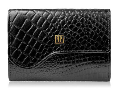 Czarny, średni portfel damski skórzany z wzorem imitującym skórę krokodyla
