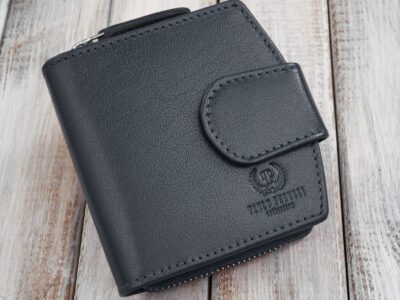 Granatowy portfel damski skórzany średni zapinany na zatrzask i zamek błyskawiczny RFID - obrazek 2