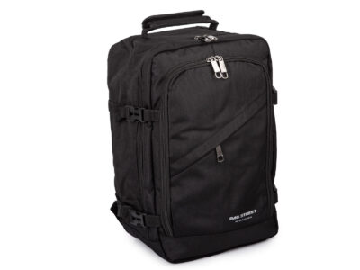 Średniej wielkości, czarny plecak podróżny otwierany jak walizka 40x25x20 cm