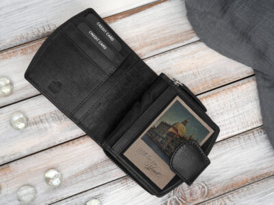 Czarny portfel damski skórzany średni zapinany na zatrzask i zamek błyskawiczny RFID - obrazek 5