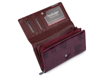 Duży portfel damski lakierowany w motylki, fioletowy, skórzany z RFID - obrazek 4