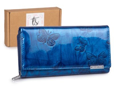 Duży portfel damski lakierowany w motylki, niebieski, skórzany z RFID